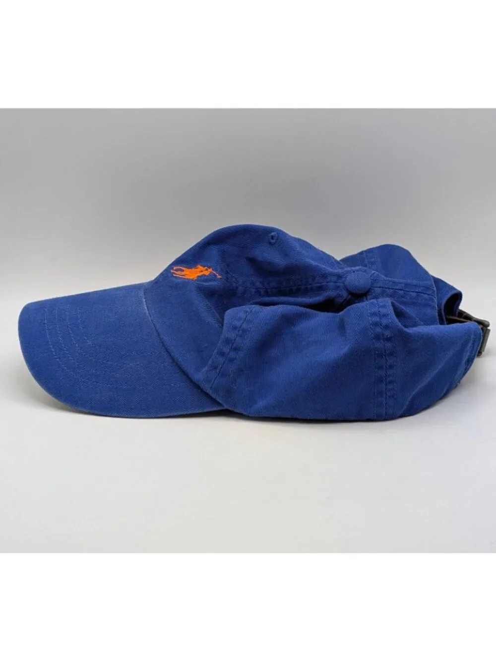 Vintage Polo Ralph Lauren Hat Blue Orange Pony Logo Leather Strap Back Y2K